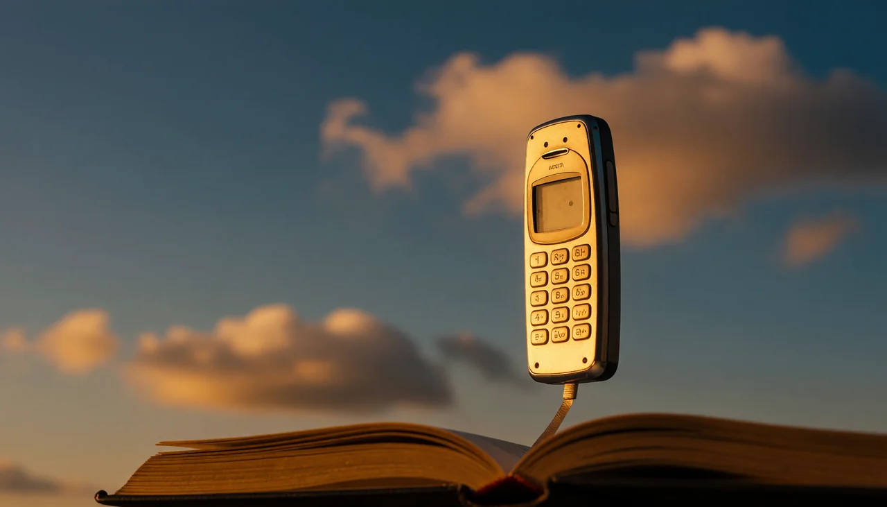 Cinematic photograph for 3GP to text: a small upright mobile phone with sound trailing into an open book.