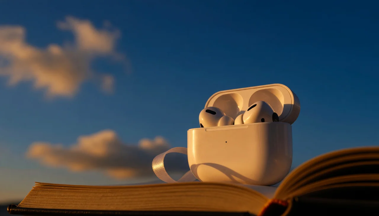 Cinematic photograph for AAC to text: wireless earbuds in an open case, sound curling into an open book.