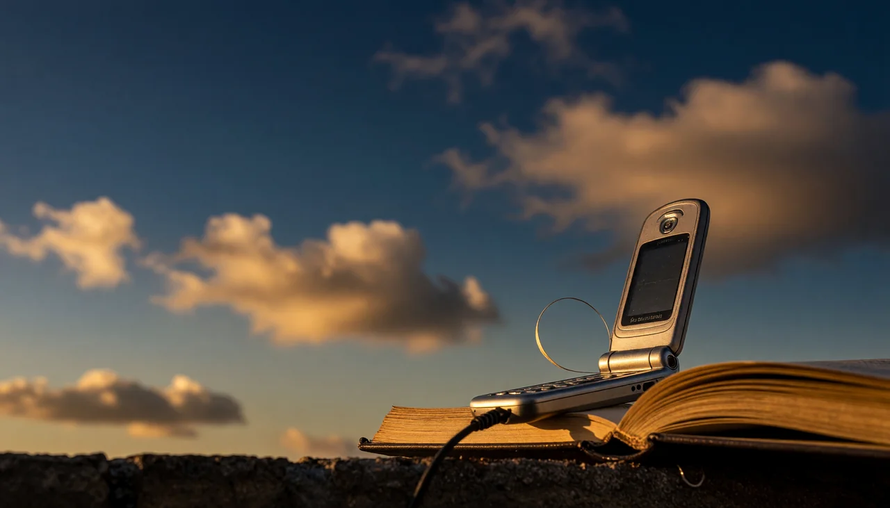 Cinematic photograph for AMR to text: an open flip phone beside a coiled wire, sound curling into an open book.