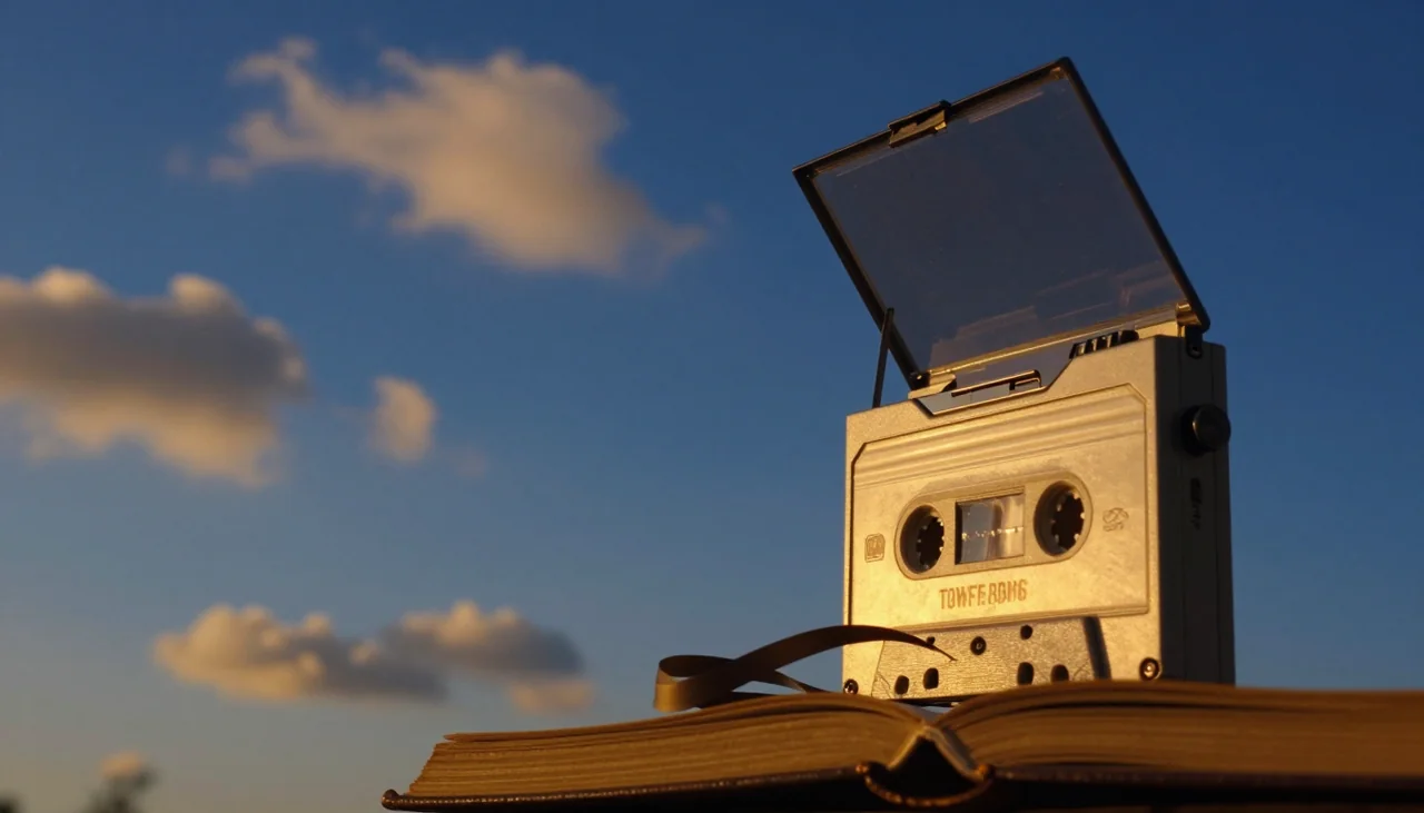 Fotografía cinematográfica para audio a texto gratis: una grabadora de casete portátil con la cinta derramándose sobre un libro abierto.