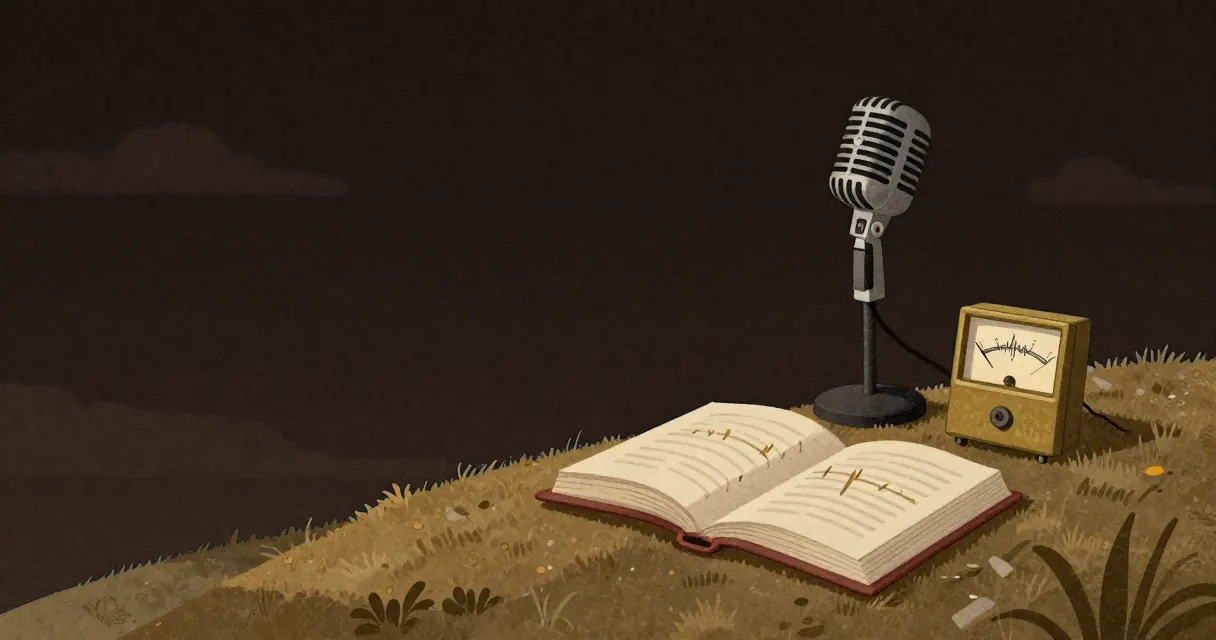Painted illustration for the audio quality checker: a microphone beside a level meter, clean even waves passing through onto a ruled page