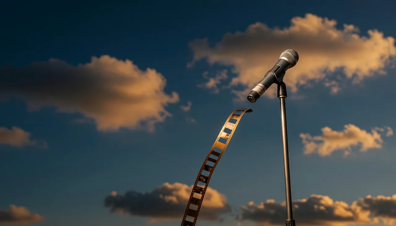 Cinematic photograph for audio to SRT: a microphone with sound curling into a folding strip of frames.