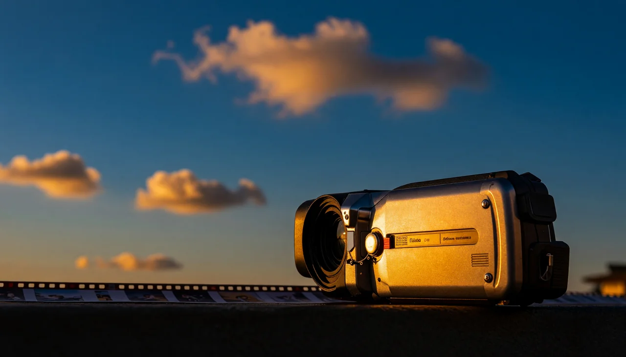 Cinematic photograph for AVI to SRT: a boxy camcorder beside a folding strip of small frames.