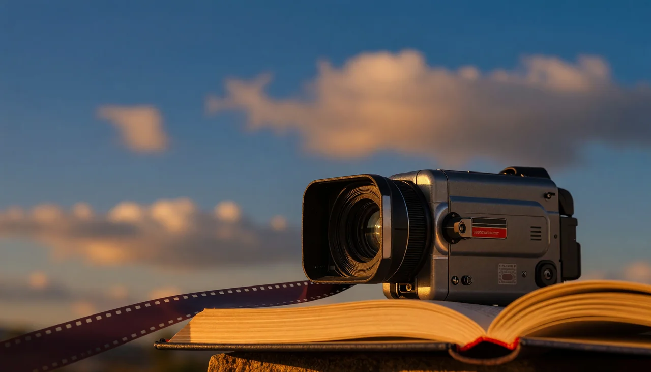 Cinematic photograph for AVI to text: a boxy camcorder on its side, filmstrip trailing into an open book.