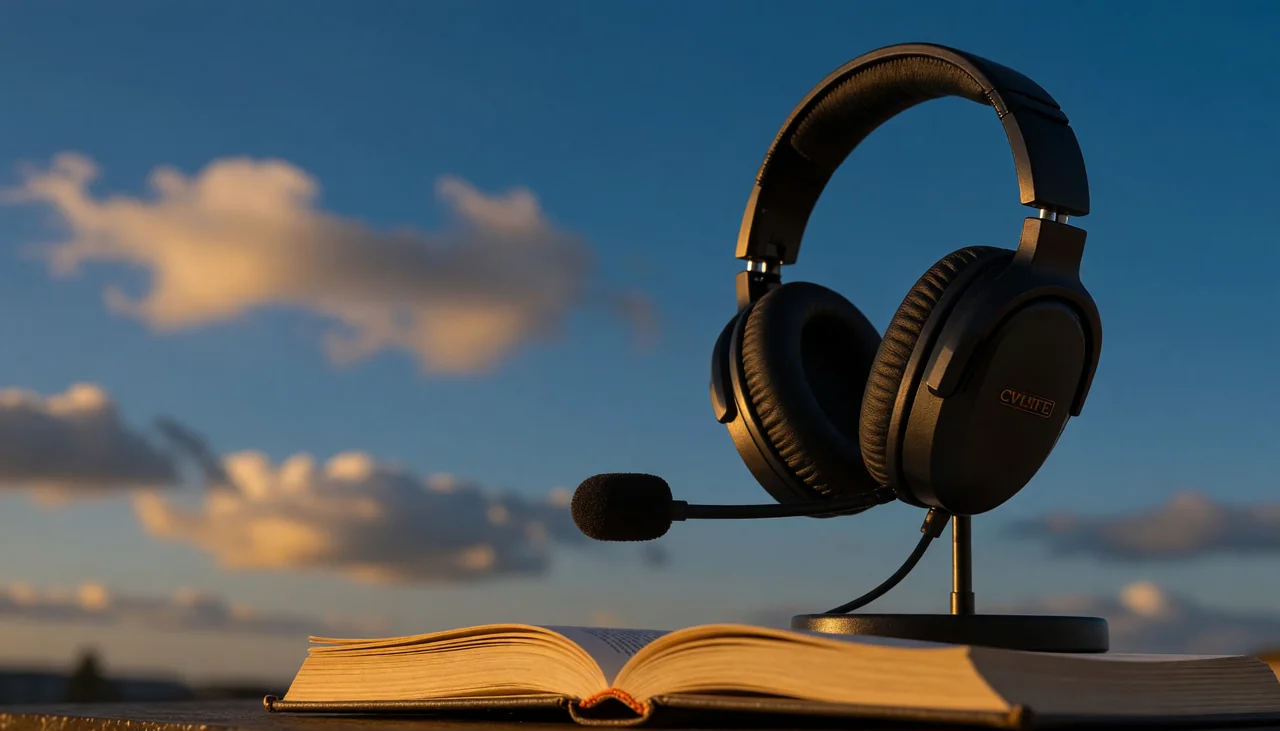 Cinematic photograph for Discord recordings: a gaming headset with a boom microphone, sound curling into an open book.