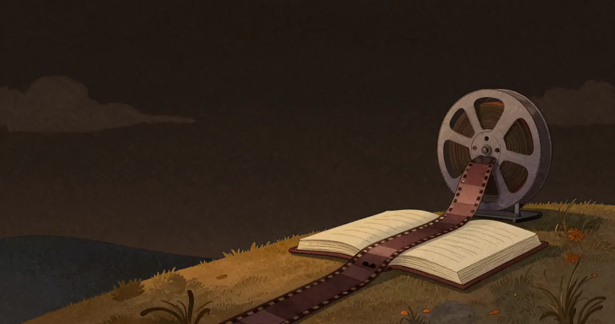 Painted illustration for extracting audio from video: a film reel unspooling, its strip narrowing into a single audio ribbon that runs into an open book