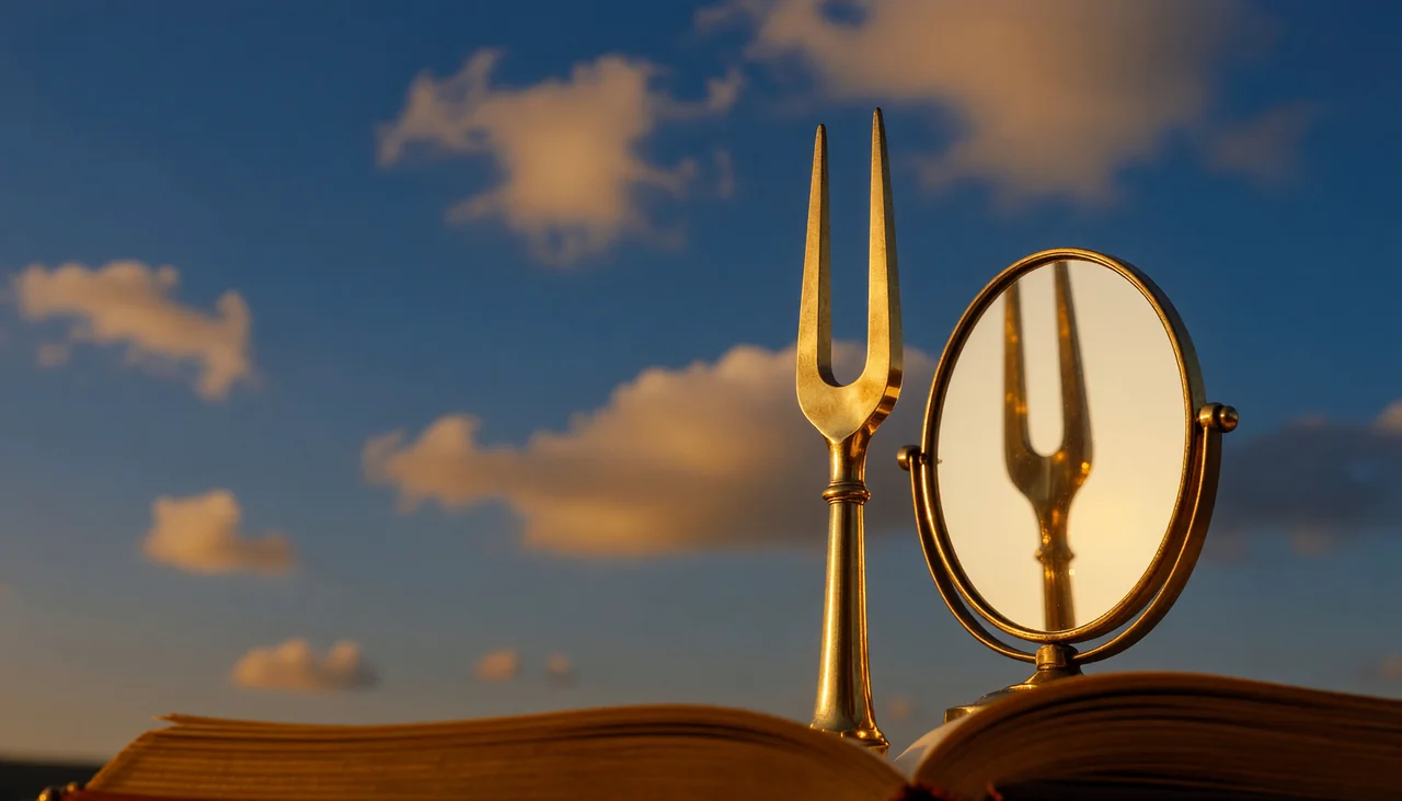 Cinematic photograph for FLAC to text: a brass tuning fork beside a small mirror, sound reflected into an open book.