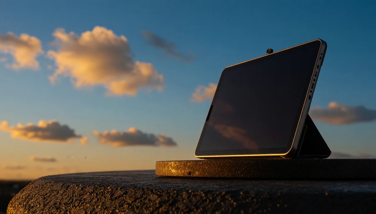 Cinematic photograph for Google Meet recordings: an upright tablet with a small camera, sound trailing into an open book.
