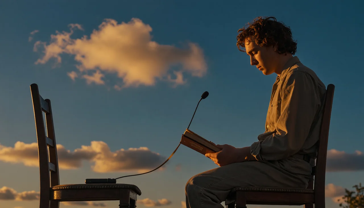 Cinematic photograph for interview transcription: two chairs facing each other around a microphone, with a tape trailing into an open book.