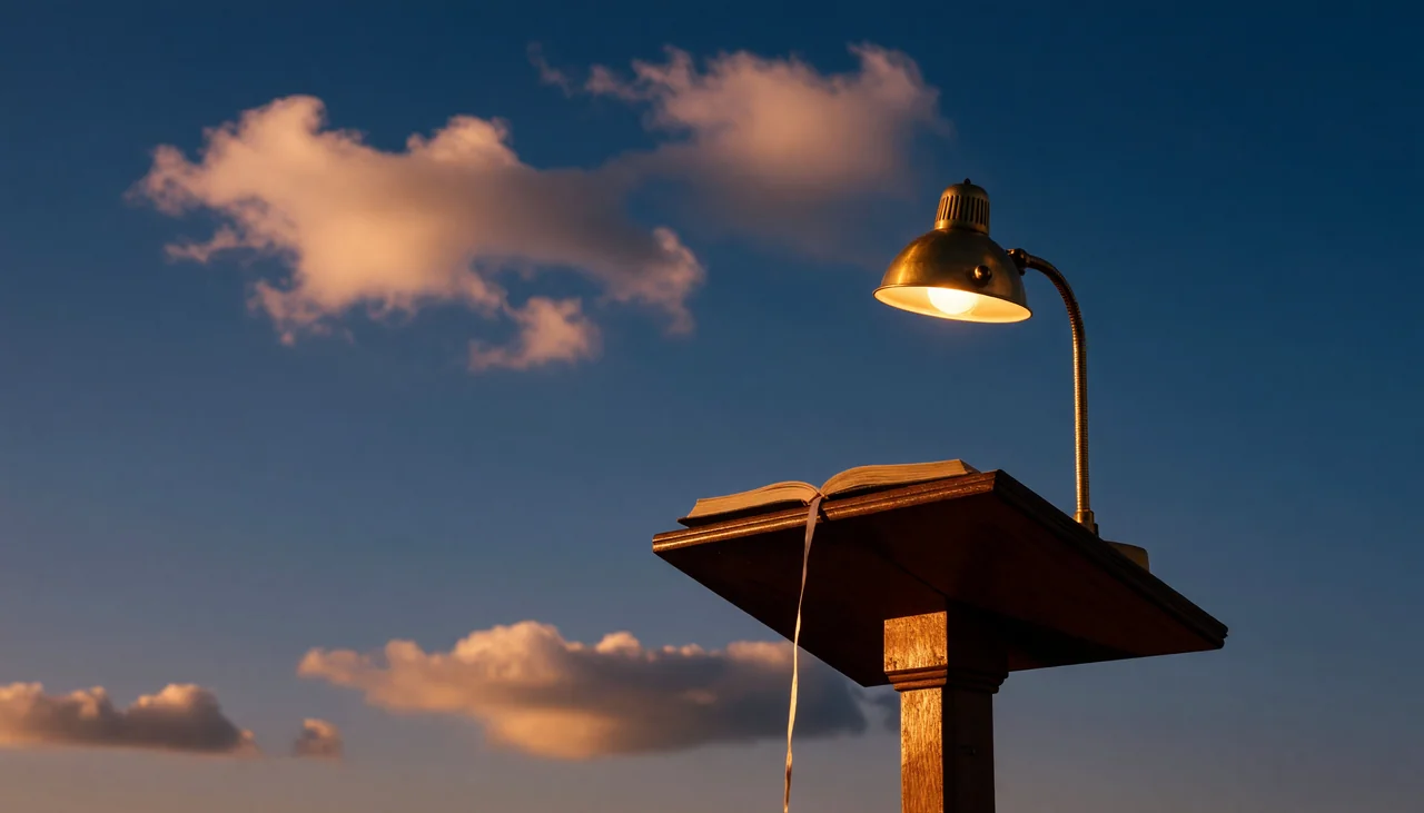 Cinematic photograph for lecture transcription: a lectern with a brass lamp, its light trailing into an open book.