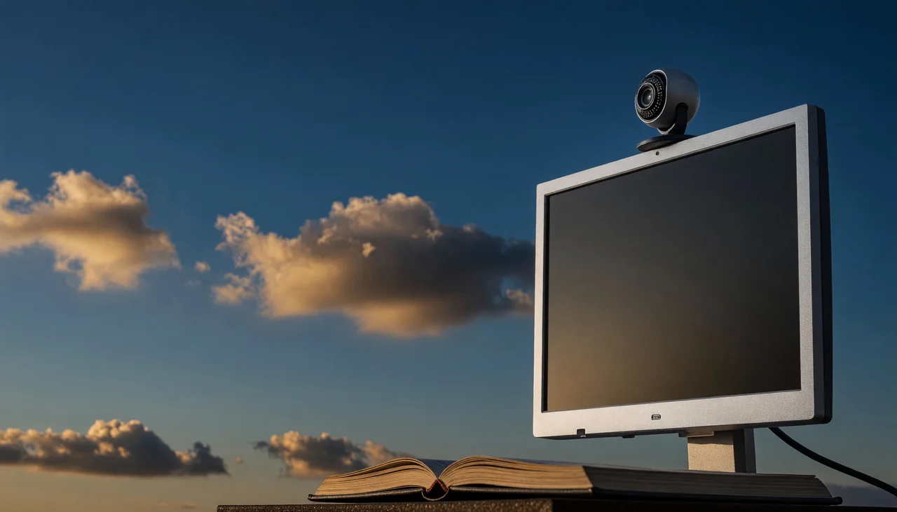 Cinematic photograph for Loom videos: a small webcam clipped to a slim monitor, a ribbon trailing into an open book.