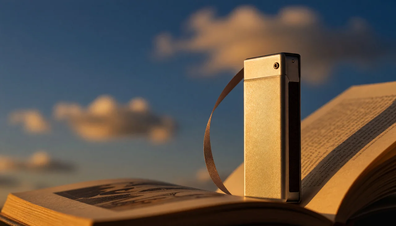 Cinematic photograph for M4A to text: a tiny pocket recorder with a ribbon of sound drifting into an open book.