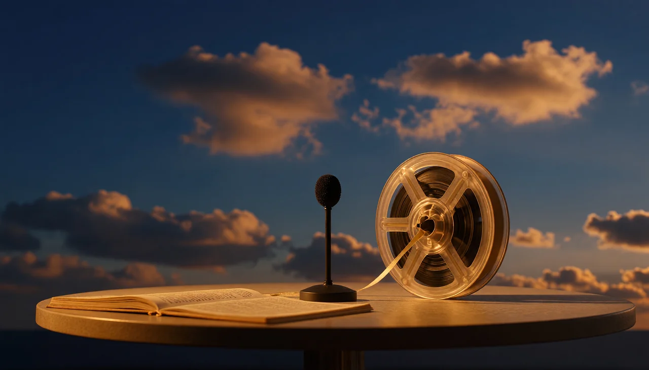 Cinematic photograph for meeting transcription: a round table with a small microphone, its tape spooling into an open book.