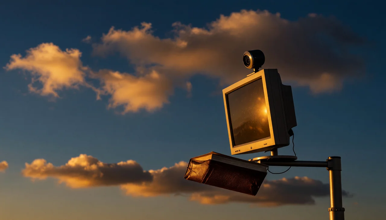 Cinematic photograph for Teams recordings: a monitor on an articulated arm with a small camera, sound trailing into an open book.