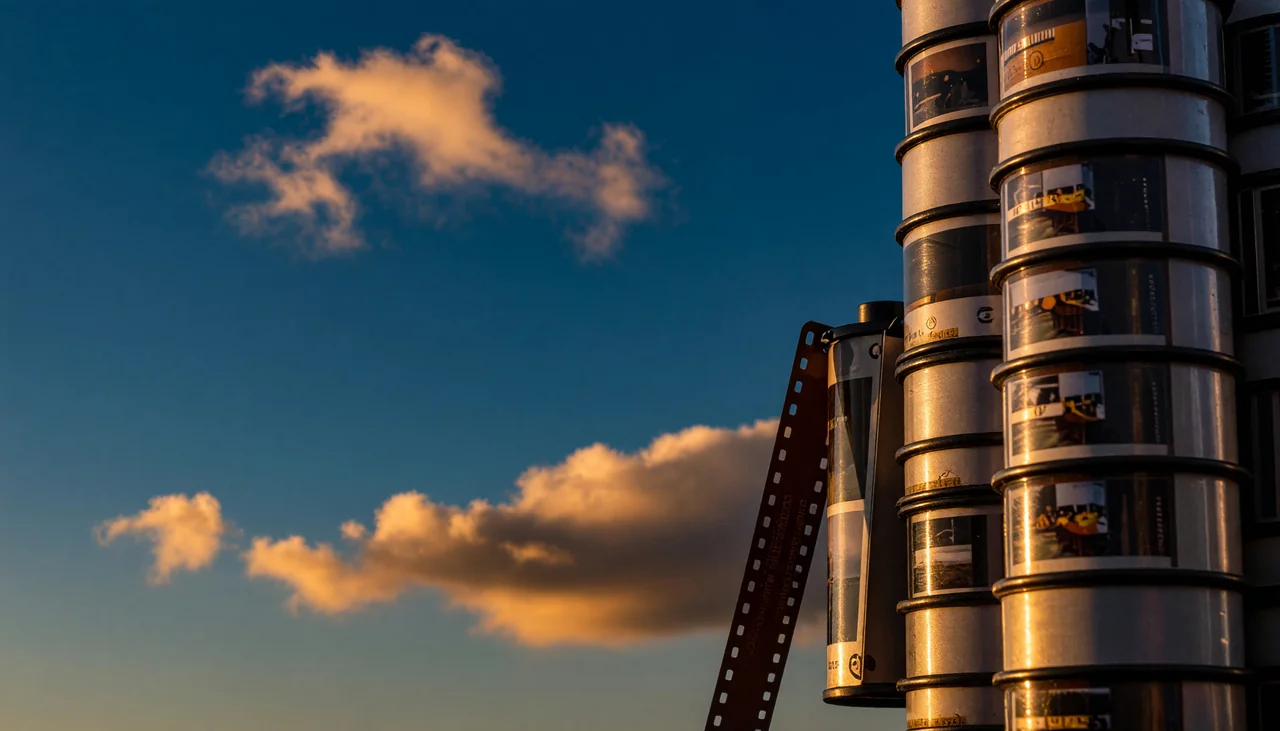 Cinematic photograph for MKV to SRT: a stack of round film canisters beside a folding strip of small frames.