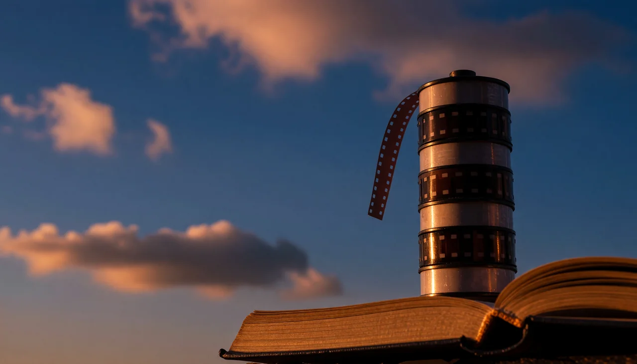 Cinematic photograph for MKV to text: a stack of round film canisters beside an open book, film unwinding from the top.