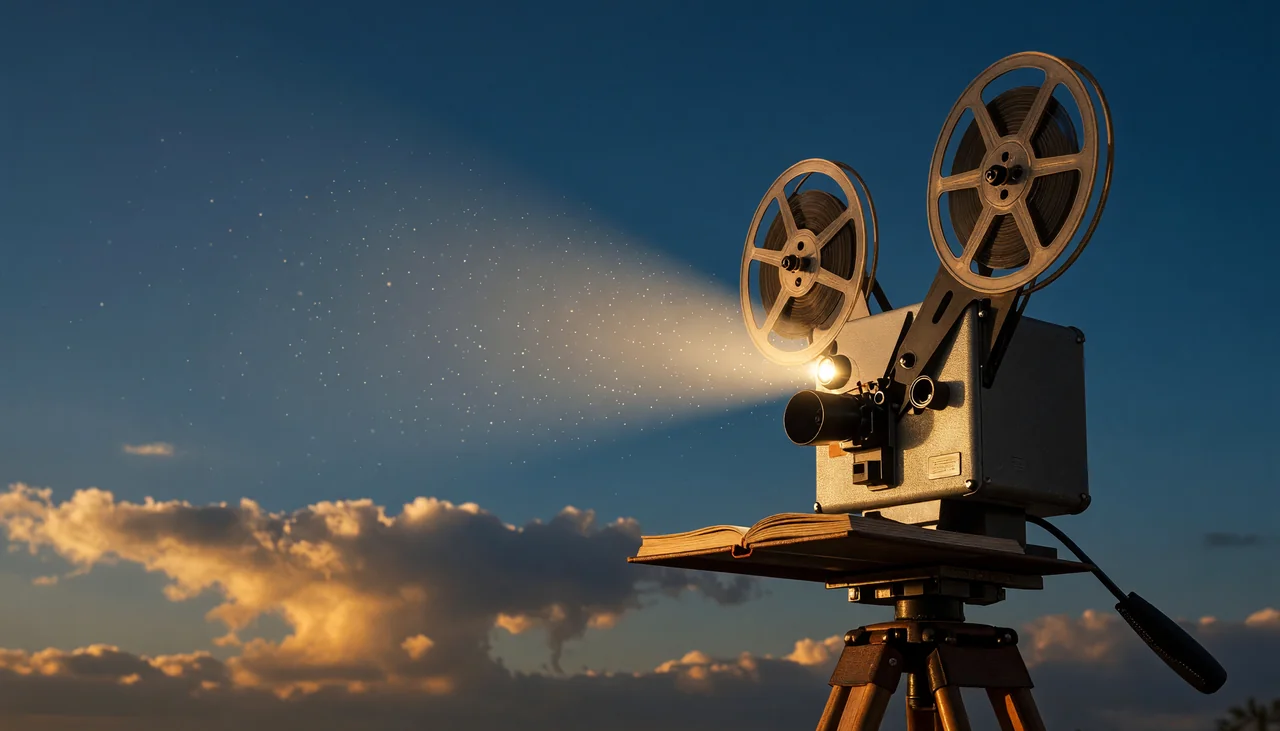 Cinematic photograph for MOV to text: a hand-cranked film projector casting light onto an open book.