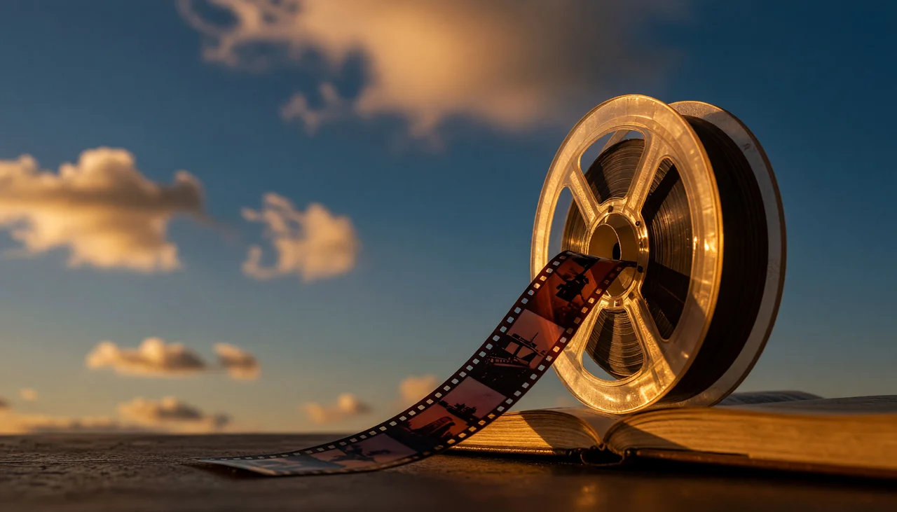 Cinematic photograph for MP3 to SRT: a tape reel unspooling into a folding strip of frames beside an open book.