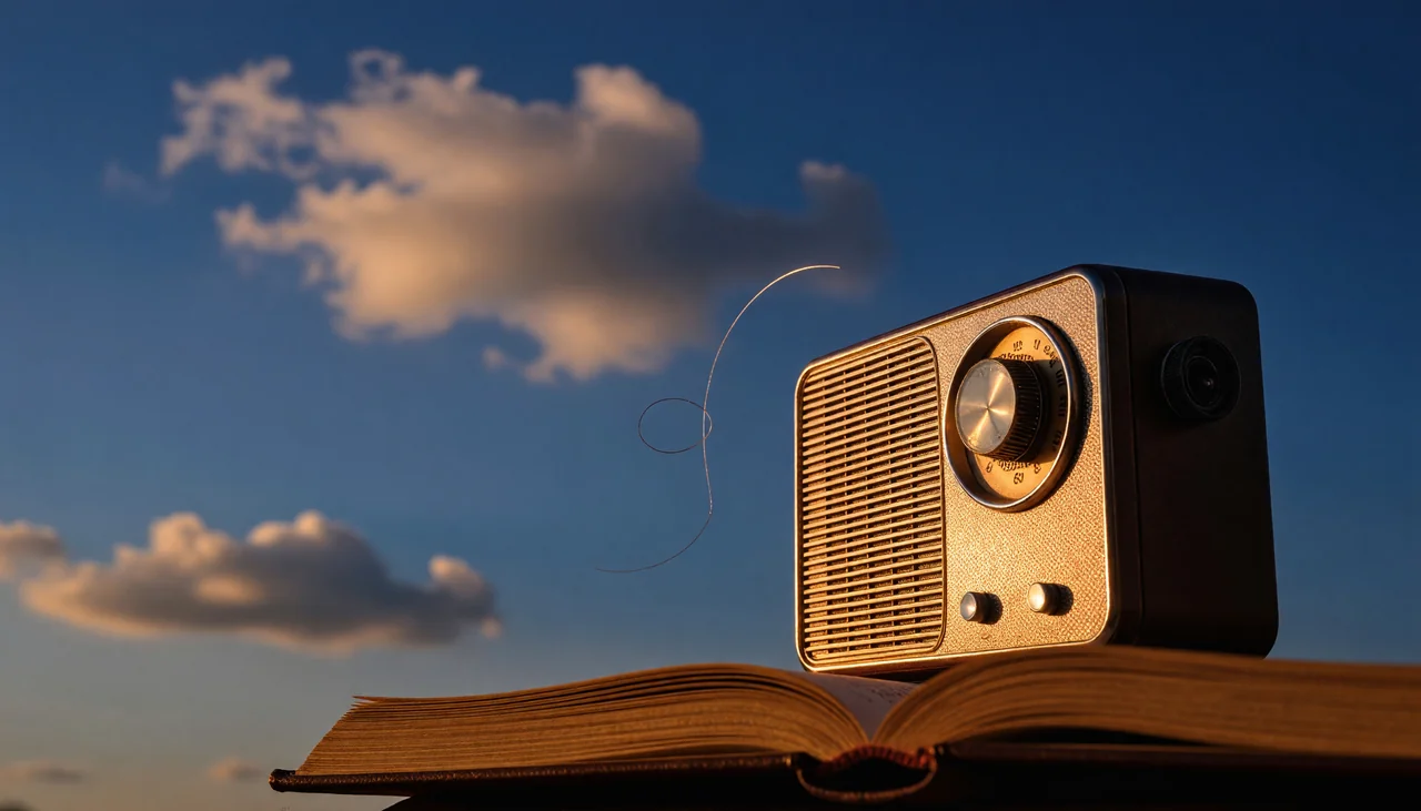 Cinematic photograph for MP3 to text: a small transistor radio beside an open book, its sound curling down onto the pages.