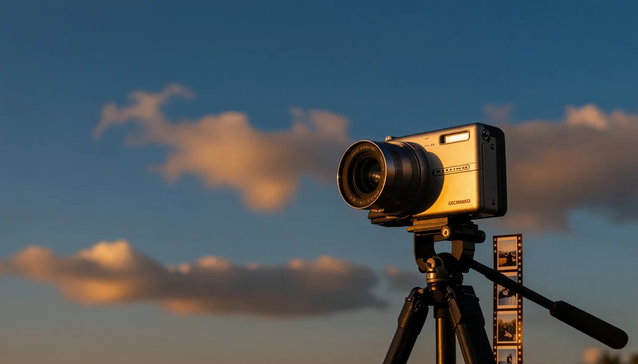 Cinematic photograph for MP4 to SRT: a compact camcorder on a tripod beside a folding strip of small frames.
