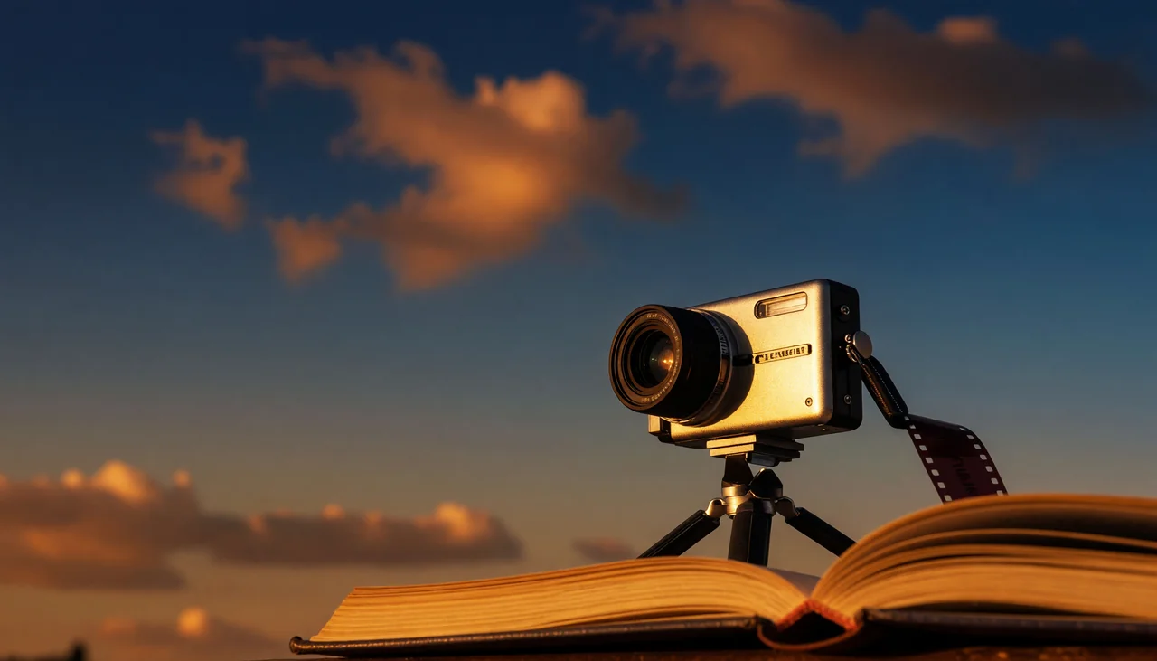 Cinematic photograph for MP4 to text: a compact camcorder on a tripod with a filmstrip trailing into an open book.