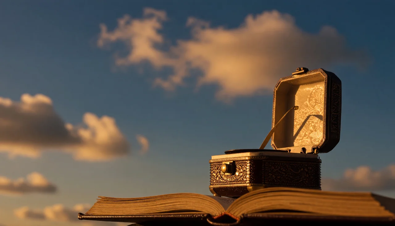 Cinematic photograph for OGG to text: a hand-cranked music box with sound rising into an open book.