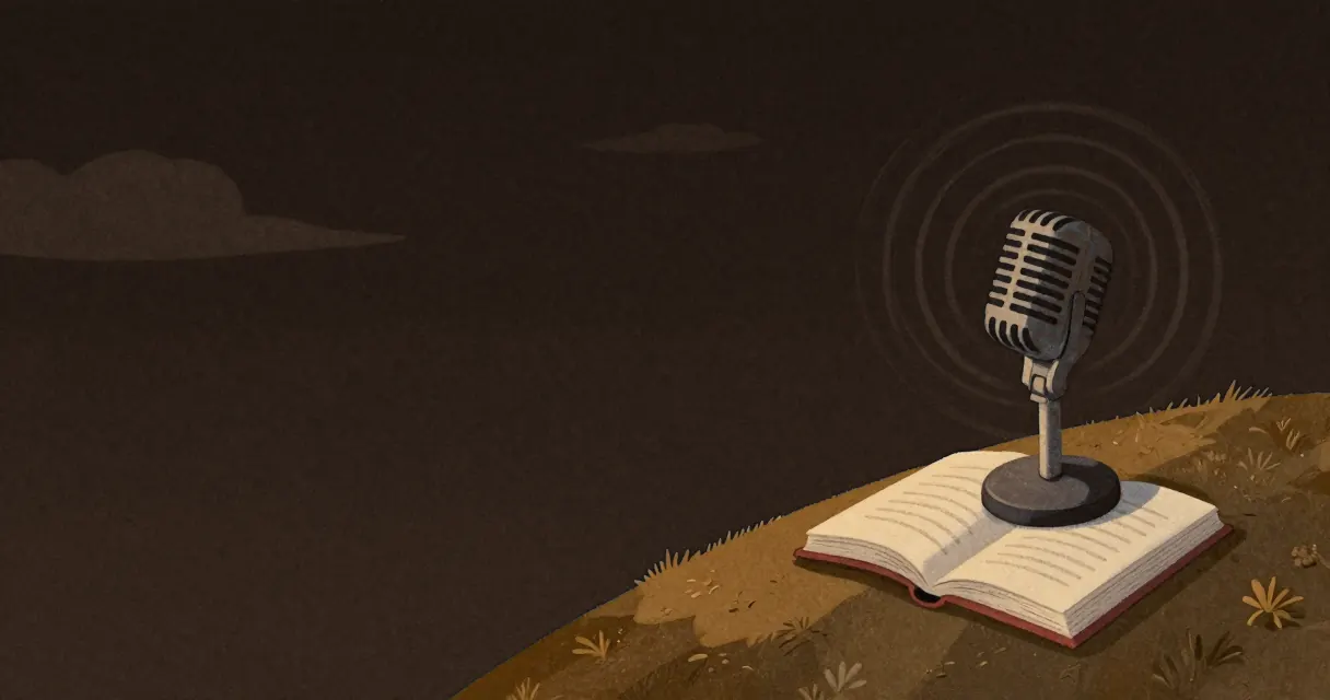 Painted illustration for the online voice recorder: a desk microphone on a hill, soft rings of sound rising from it toward an open book