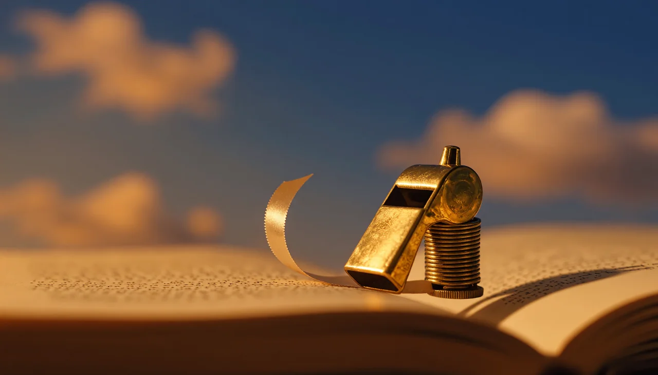 Cinematic photograph for Opus to text: a small brass whistle on a coil of wire, sound curling into an open book.