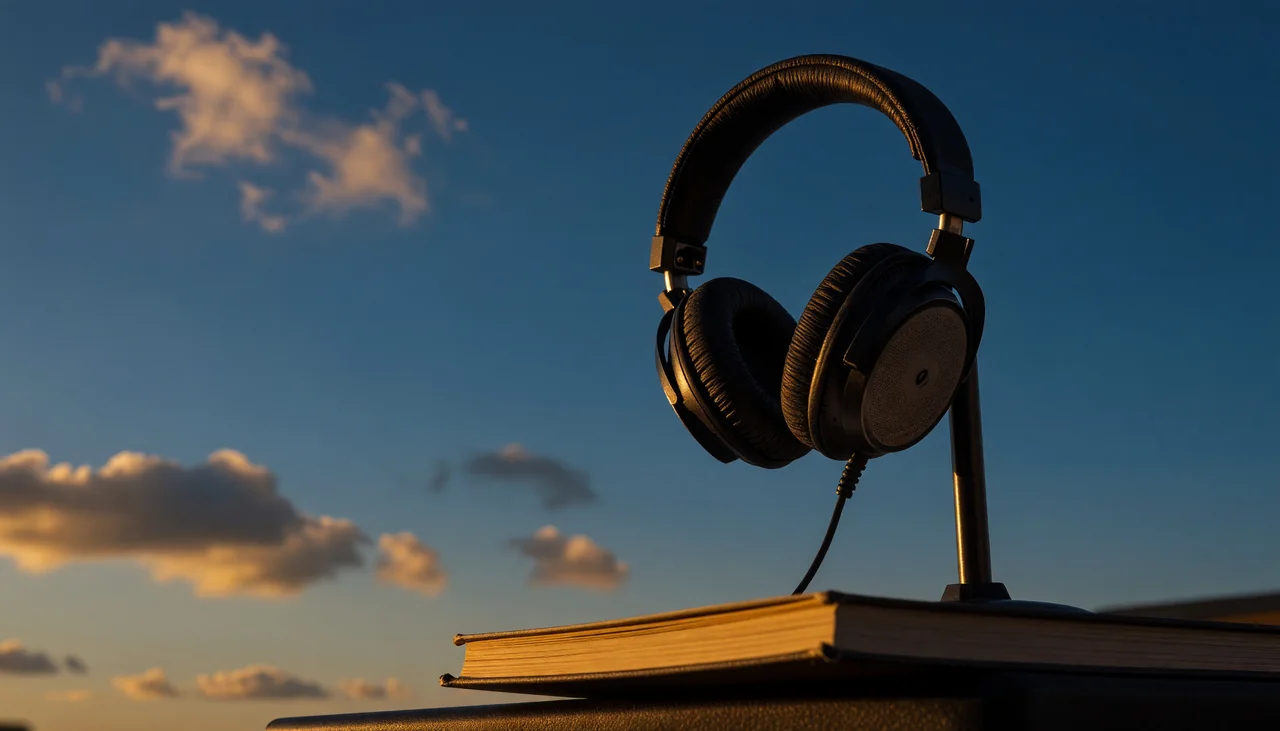 Cinematic photograph for podcast transcription: studio headphones draped over a microphone stand with tape spilling into an open book.