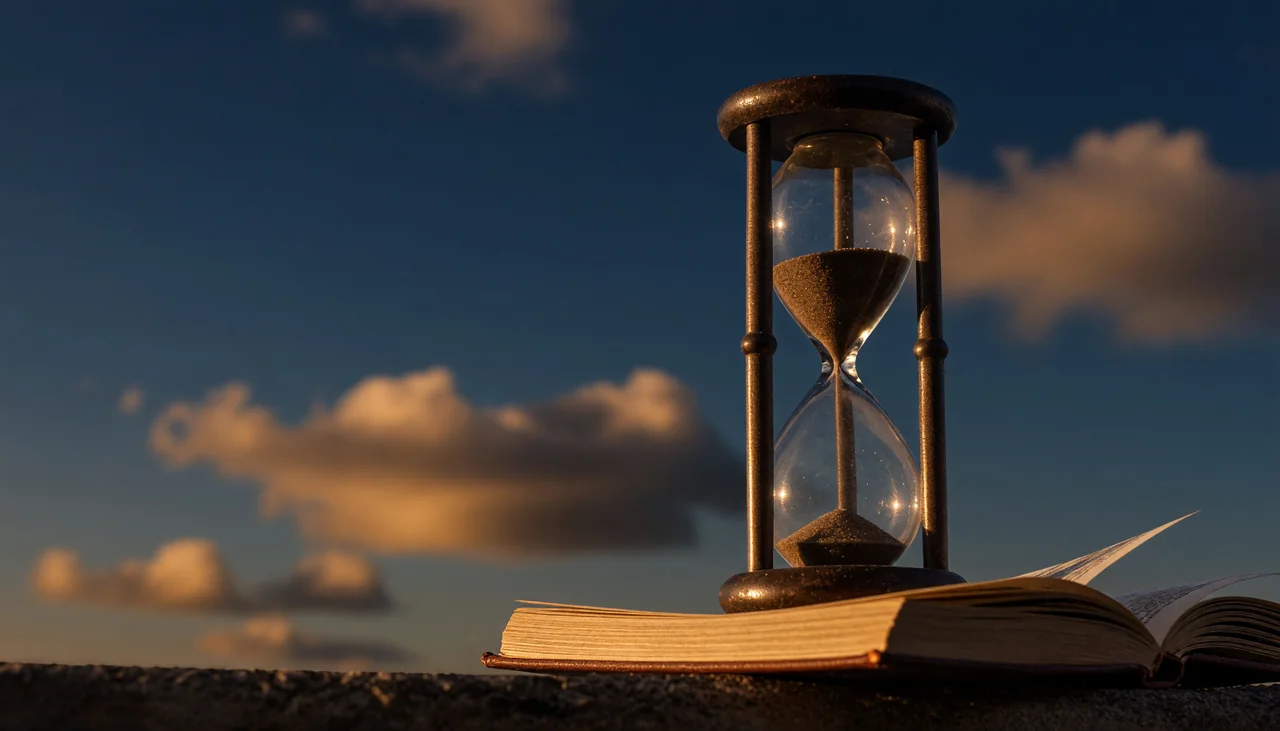 Cinematic photograph for running out of free minutes: an hourglass nearly empty beside a small open book.