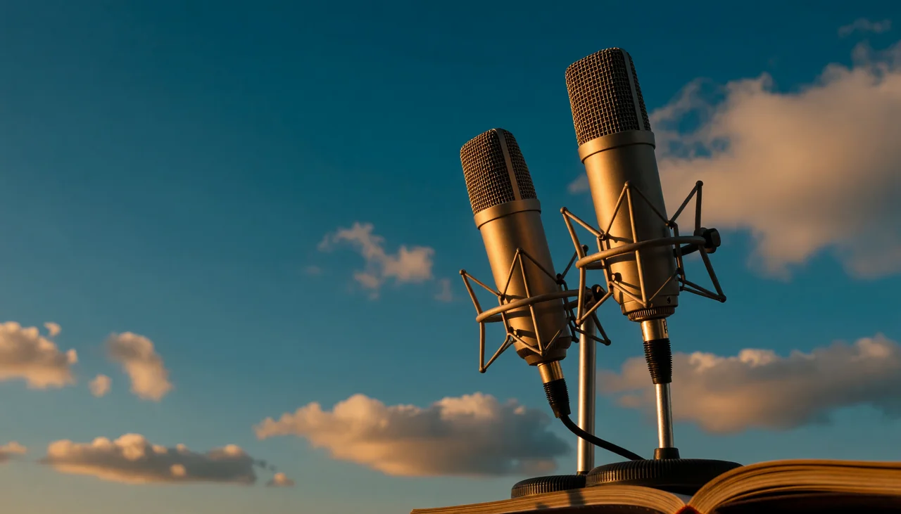 Cinematic photograph for Riverside recordings: two studio microphones clustered on the right on a stand, resting atop an open book, under a vivid blue sky.