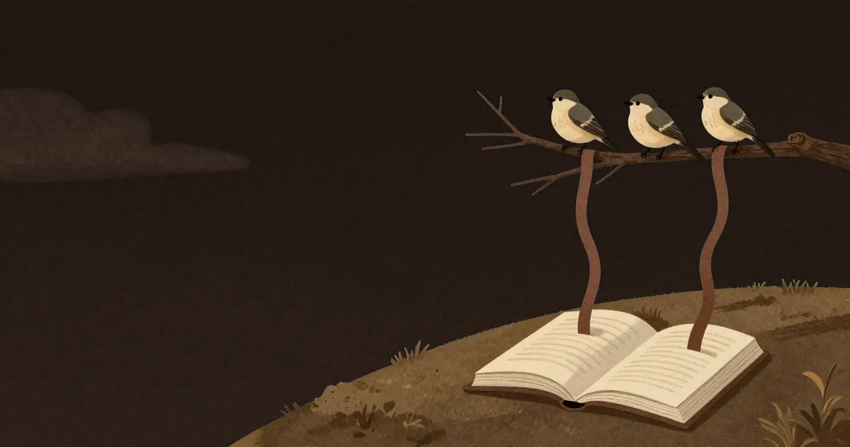 Painted illustration for speaker labels: three songbirds on a branch, tapes running from the branch down into one open book, under a dusk sky