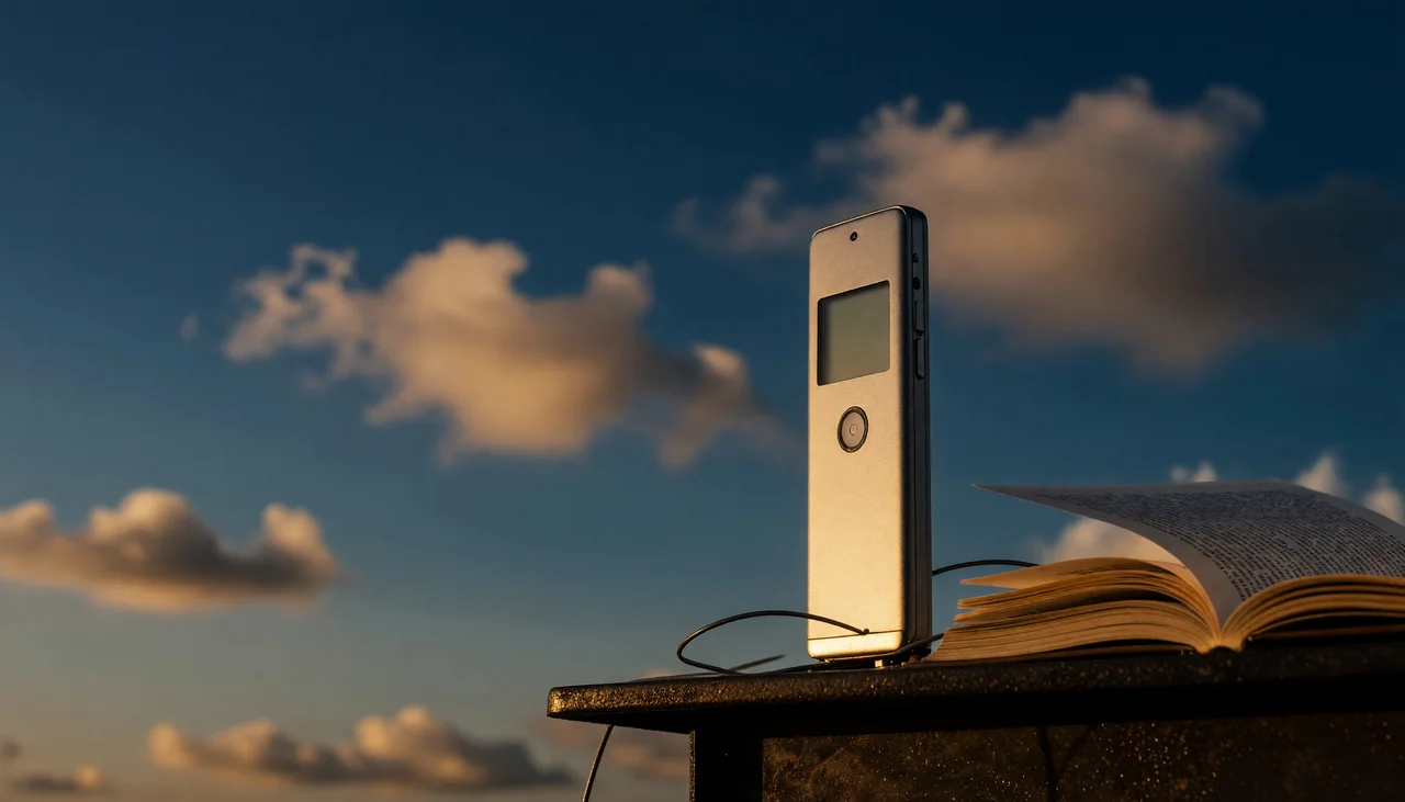 Cinematic photograph for Telegram voice messages: an upright phone in a dock, a coiled wire looping into an open book.