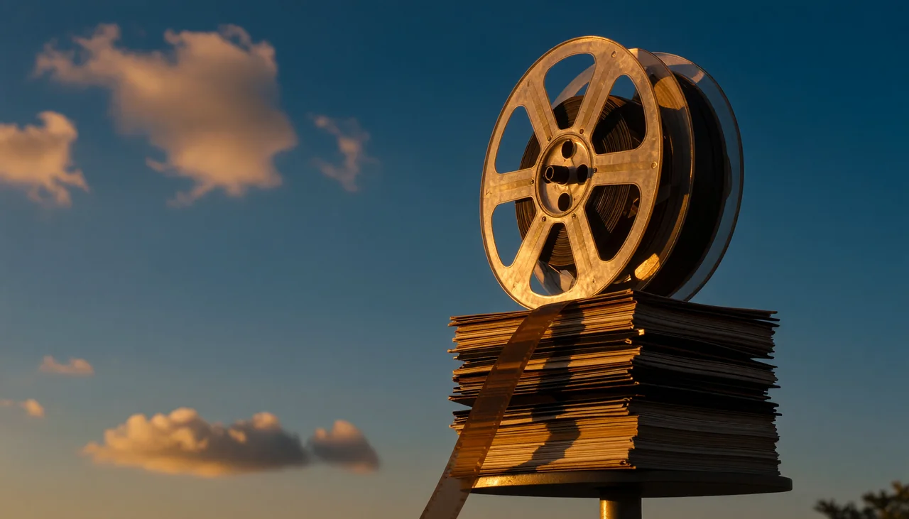 Cinematic photograph for a 3 hour audio file: a large stacked reel of tape spilling into a tall stack of pages.