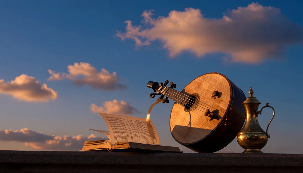 Cinematic photograph for Arabic audio: an oud beside a brass dallah coffee pot, sound curling into an open book.