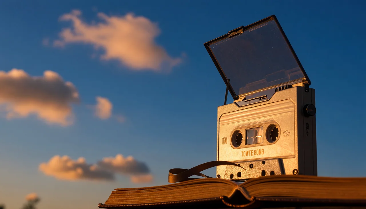Cinematic photograph for free audio transcription: a hand-held cassette recorder with tape spilling into an open book.