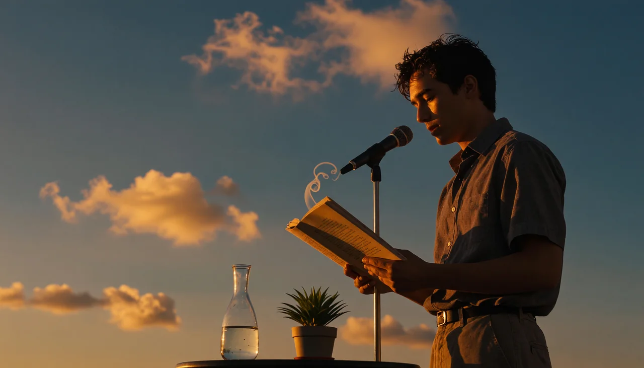 Cinematic photograph for conference talks: a microphone on a tall stand beside a plant and carafe, sound curling into an open book.
