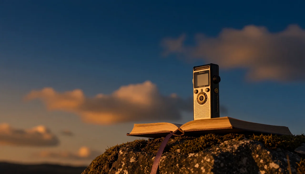 Cinematic photograph for field recordings: a rugged handheld recorder on a mossy stone, sound trailing into an open book.