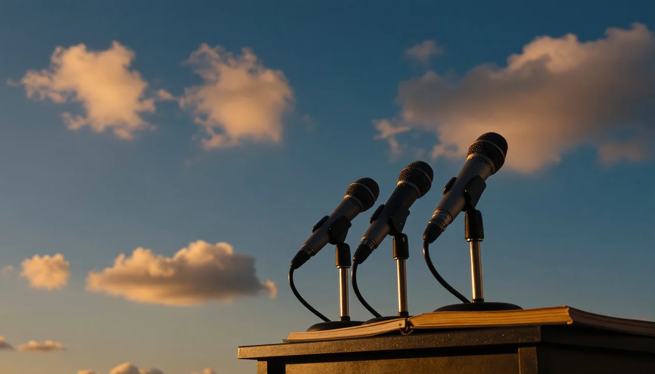 Cinematic photograph for focus groups: a round table with several microphones, their sound meeting in an open book.