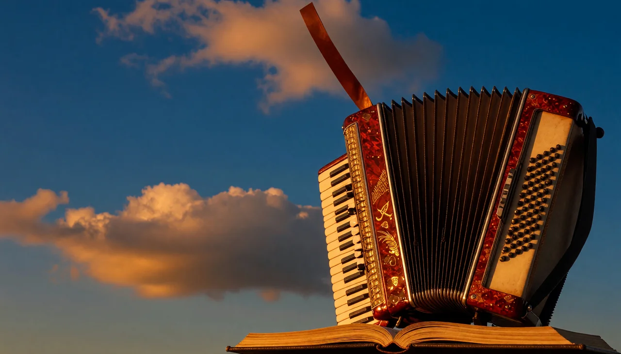Cinematic photograph for French audio: an open accordion with sound rising from its folds into an open book.