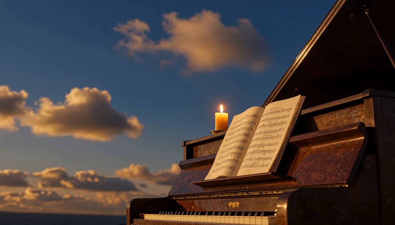 Cinematic photograph for transcribing German audio: a small upright piano with a lit candle on top, beside an open book