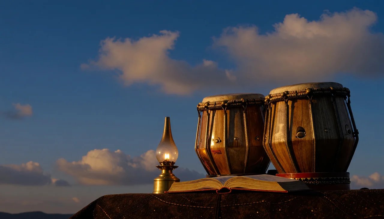 Cinematic photograph for transcribing Hindi audio: two tabla drums beside a brass oil lamp, its light falling on an open book