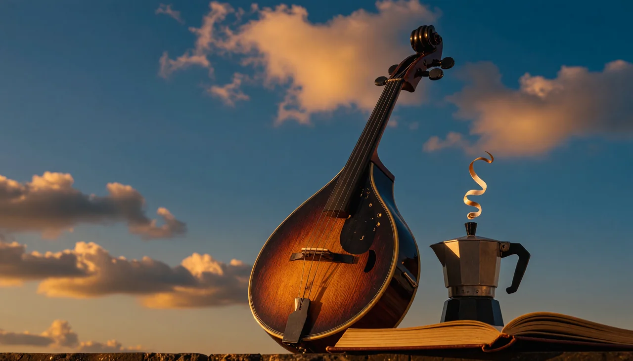 Cinematic photograph for Italian audio: a mandolin beside a small espresso pot, sound curling into an open book.