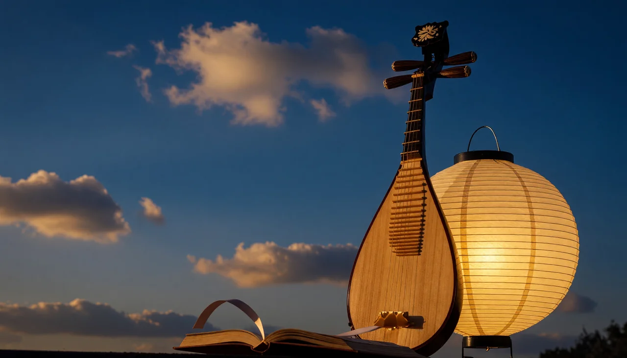 Cinematic photograph for Japanese audio: a shamisen leaning against a paper lantern, sound drifting into an open book.