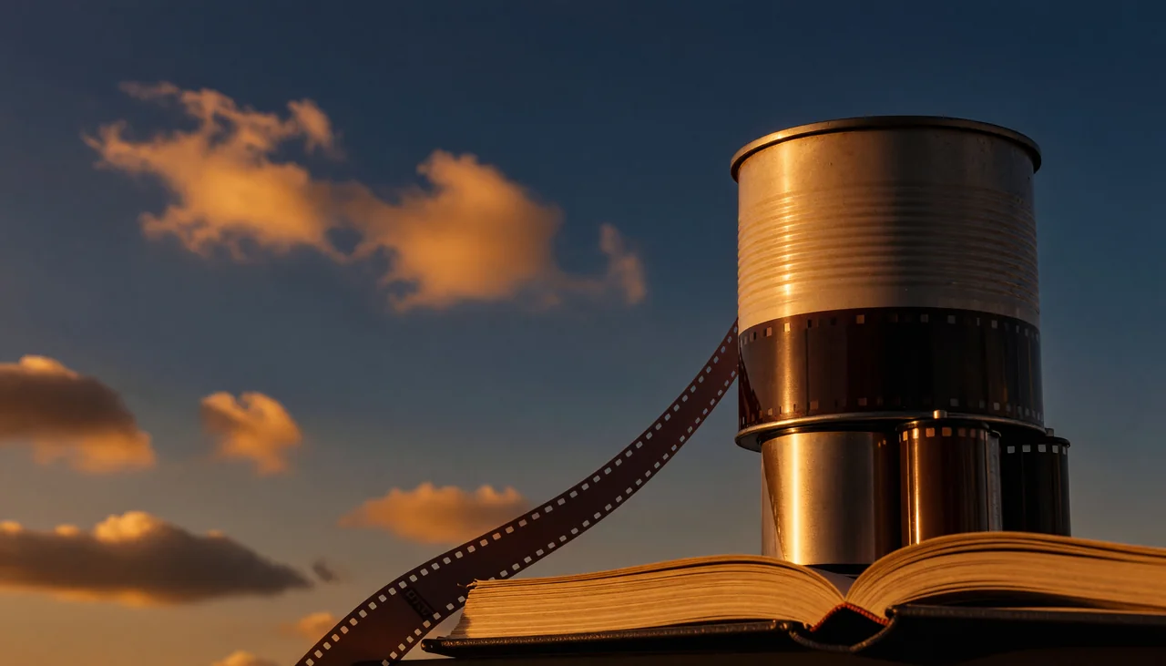 Cinematic photograph for a large video file: a stack of film canisters, large atop small, ribbon trailing into an open book.