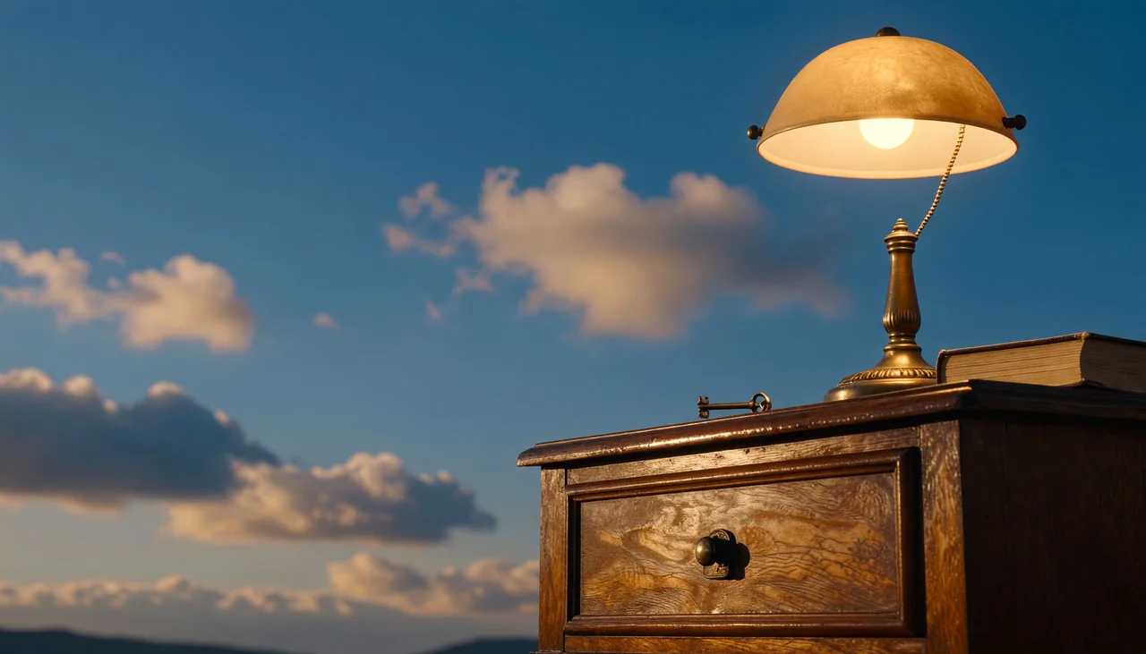 Cinematic photograph for legal dictation: a locked wooden drawer with a key, a shaded lamp, and a closed book.