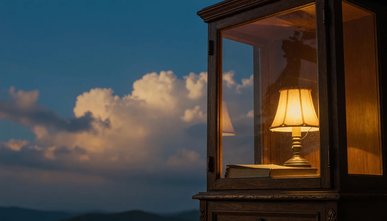 Cinematic photograph for medical dictation: a closed glass cabinet beside a shaded lamp and a closed book.