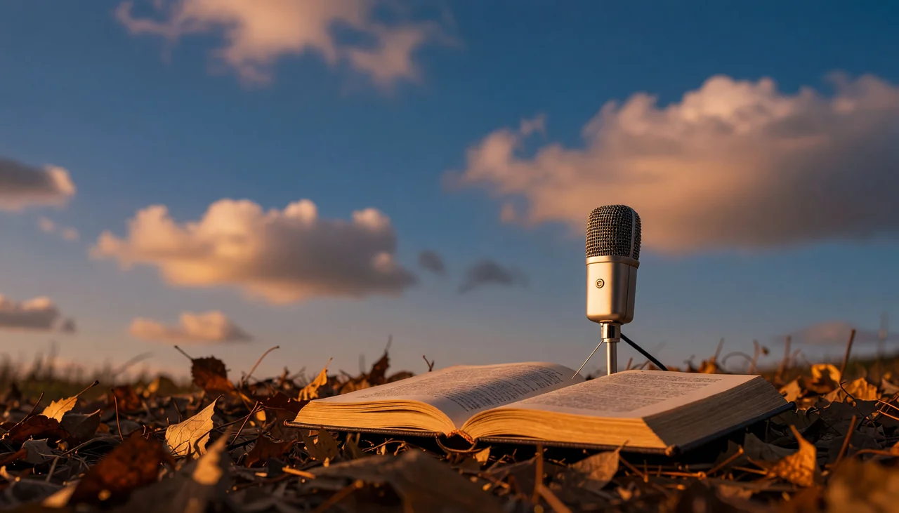 Cinematic photograph for noisy audio: a microphone standing amid wind-blown leaves, its sound reaching into an open book.