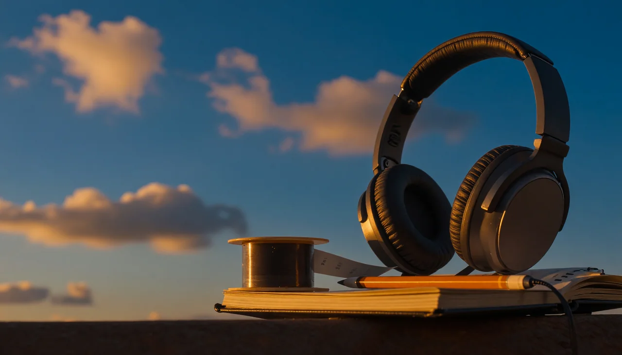 Cinematic photograph for podcast show notes: headphones beside a notebook and pencil, tape unspooling into the pages.