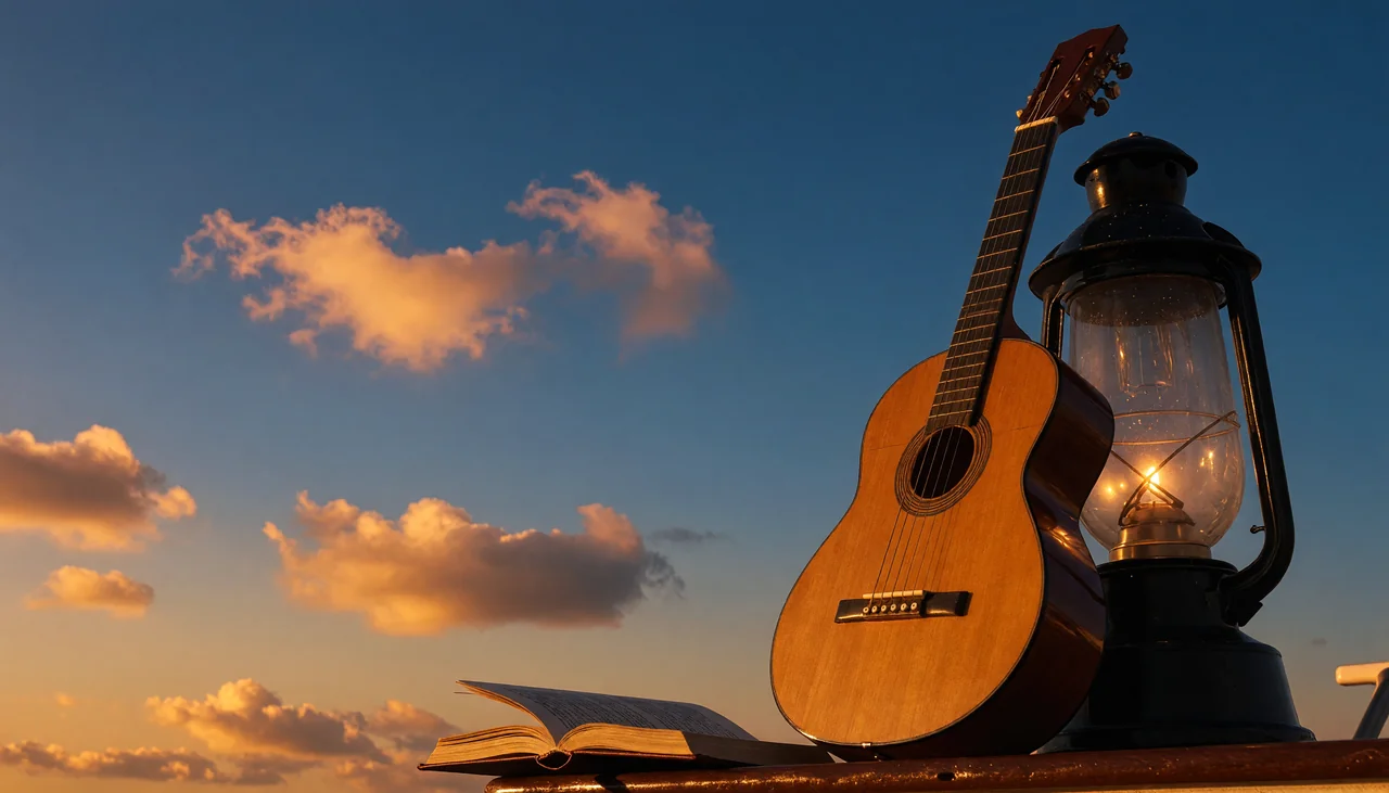 Cinematic photograph for Portuguese audio: a fado guitar beside a ship's lantern, sound trailing into an open book.